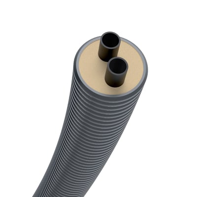 Brugg Pipes Flexstar Duo rør med 25+25/90mm dimension, 10 meter, visende to sorte inderrør isoleret med PUR skum og grå bølget yderkappe.