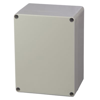 Fibox Euronord kasse i grå polycarbonat med dimensionerne 120x160x140 mm, med gråt dæksel og fire synlige skruehuller.