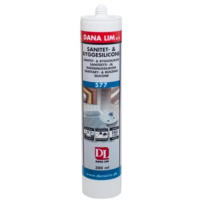Dana Lim sanitets- og byggesilicone 577 i sort, 300 ml, vist i en hvid patron med rød og blå etiket.