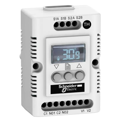 Tættere visning af Schneider Electric ClimaSys termostaten med OLED-display der viser 30.9 grader, med trykknapper og mærke logo.
