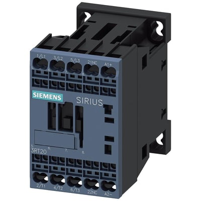 Siemens 3RT20 strømkontaktor i størrelse S00 med 12A og 3 poler, har fjederklemmer og 24V DC spole.
