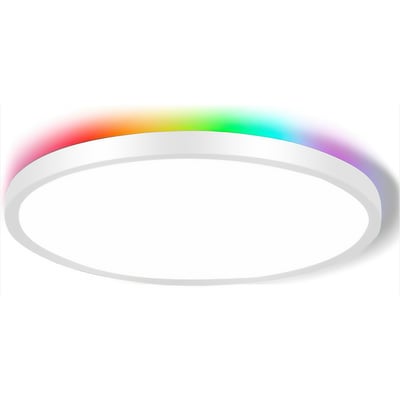 Tæt på CCT loftlampe med RGBIC backlight, der viser det fulde spektrum af farver rundt om kanten.