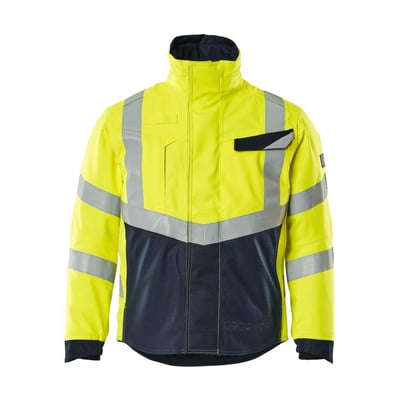Mascot Hi-Vis vinterjakke i gul og mørk marine, størrelse L, med reflekser og høj krave.