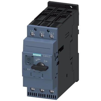 Siemens SIRIUS 3RV2 motorværn til transformerbeskyttelse, 54-65A, 3-polet, med testknap og vippekontakt til ON/TRIPPED. Synlig skrueterminal og produktmærkning.