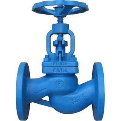 Blå flange sædeventil med GG25 hus, 304 spjæld og grafit pakning, PN 16bar og 310mm byggelængde.