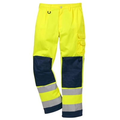 Kansas Hi Vis bukser KL2 2001 i gul/marine med mørkeblå knæforstærkninger og reflekser.