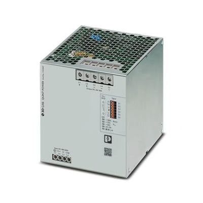 Phoenix Contact QUINT4-PS/3AC/24DC/40/IOL strømforsyning med metalhus og ventilationsgitter på toppen.