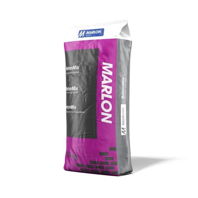 Sæk med Marlon Betonmix tørbeton, 25 kg, grå, til betonarbejde med 10-40 mm lagtykkelse.