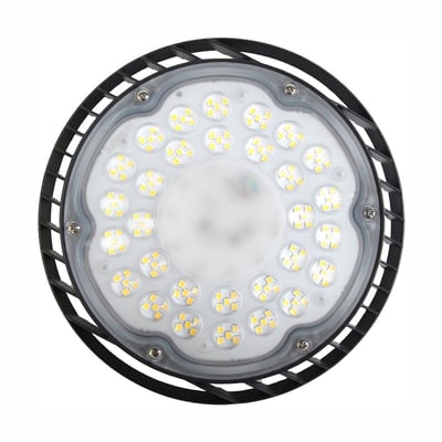 SpectrumLED LED-high bay på 105 W set forfra med rund, sort kant, lysdioder og central linse.