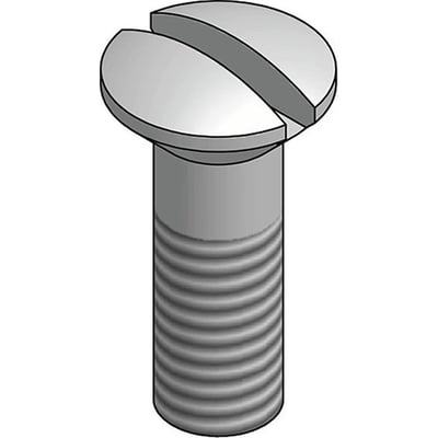 Detaljeret gengivelse af en M6x10 mm varmgalvaniseret skrue med lige kærv og synlige gevind.