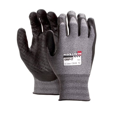 Worklife Grip-It arbejdshandsker i størrelse 8 med grå tekstil og sort nitril-foam belægning for optimalt greb.