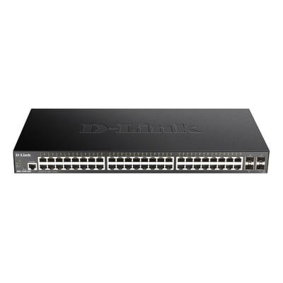 Sort D-Link DGS-1250-52X/E smart managed switch set skråt forfra med 48 netværksporte og fire SFP+-porte.