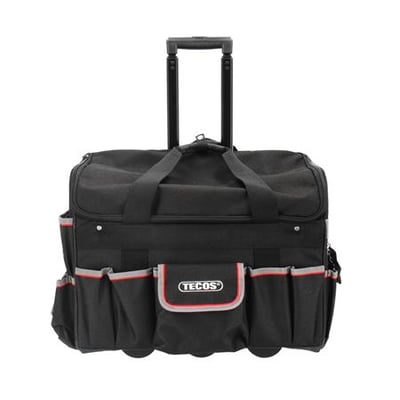 Tecos Proff Trolley værktøjstaske i sort 1680D ballistic nylon med teleskophåndtag, hjul og mange udvendige lommer.