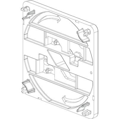 Legrand dåsebeslag i grå plast til IBP dåser og gitterbakker, 105x105mm, set skråt forfra.