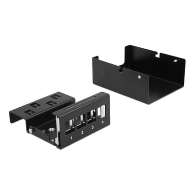 DeLock 4-port Keystone patch panel adskilt fra DIN-skinne monteringsbeslaget, begge i sort metal.