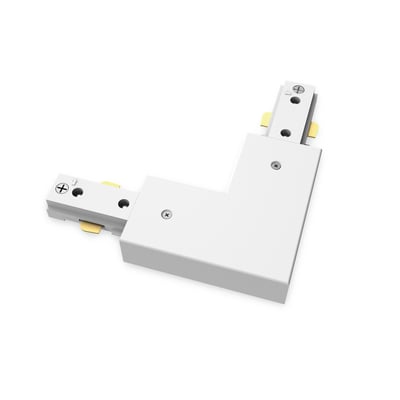 Hvidt Philips EasyLink L-stik til venstre, set skråt med to skinnetilslutninger i 90 graders vinkel.