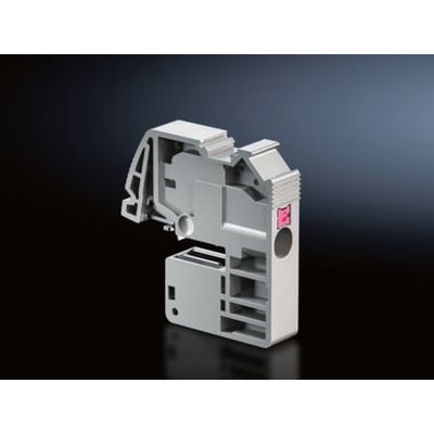 Rittal tilslutningsklemme Push-in 1,5-16 mm2, en grå klemme med en åben og en lukket sektion, monteret på en mørk baggrund.