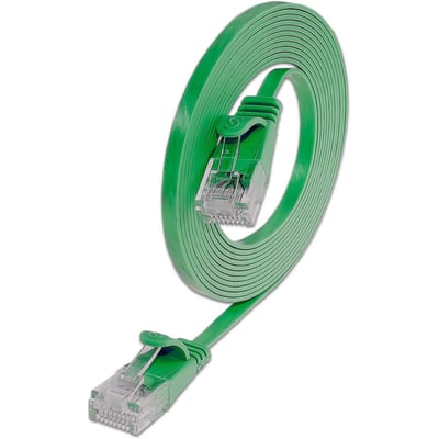 Grønt 20 meter SLIM Flat U/UTP Kat.6 patchkabel, vist oprullet med synlige RJ45-stik i hver ende på hvid baggrund.