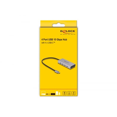 DeLock USB Type-C hub med 4 porte og 10 Gbps datahastighed i gul emballage med produktillustration.