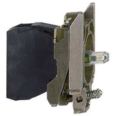 Schneider Electric universal LED blink lampekrop til 120 VAC, vist fra siden med metalmontering og sort bagside.