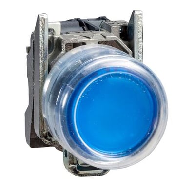 Schneider Electric Harmony XB4 blå oplyst trykknap med 22mm montagediameter og 24VACDC spænding.