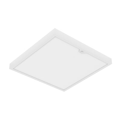 Hvidt Ledvance LED-påbygningsarmatur Panel Surface Sensor med kvadratisk lysflade og synlig sensor, set skråt nedefra.