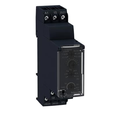 Schneider Electric multifunktionstimer RE22 med 2CO kontakter, 12V AC/DC forsyning og frontpanelbetjening til montering på DIN-skinne.