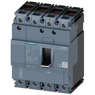 Siemens 3VA1 maksimalafbryder, 4-polet, 63A, med 25kA brydeevne, vist fra siden med frontpanel og klemrækker tydeligt synlige.