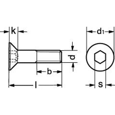 Teknisk tegning af en 20X35 FZB ISO 10642 010.9 undersænket skrue med indvendig 6-kant, der viser dimensioner som l, k, d1, p, b og s.