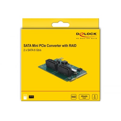DeLock SATA Mini PCIe konverter med RAID og 2 x SATA 6 Gb/s porte i gul emballage.