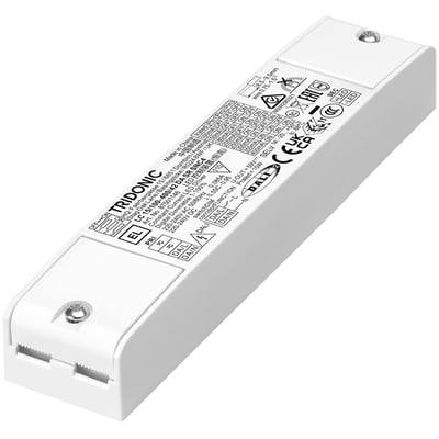 Tridonic LED driver LC 15/100-400/42 DA SR SNC4 med DALI-2 og 0-10V styring, hvidt kabinet med detaljeret mærkning og specifikationer.