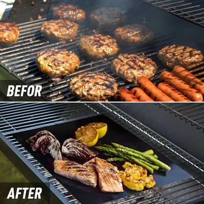 Før og efter-billeder der viser Nordic Quality drypbakke til ovn beskytte grillristen mod spild fra madlavning.