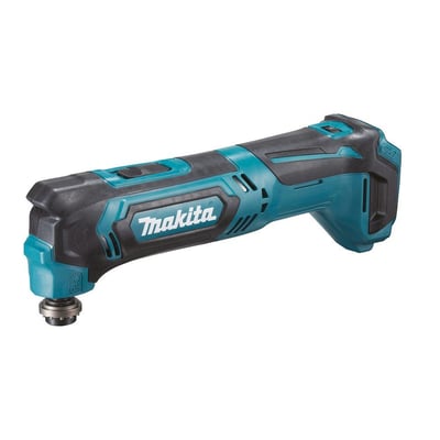 Makita TM30DZ akku-multicutter på 10,8 V i turkis og sort, set skråt fra siden uden batteri.