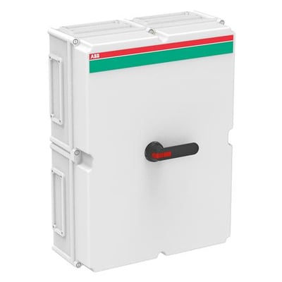 ABB 400A 3-polet sikkerhedsafbryder i hvid plast med sort pistolgreb på en neutral baggrund.
