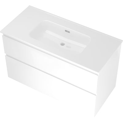 Sanibell Proline møbelsæt i hvid højglans med to softclose skuffer, 101x46cm, med integreret vask og synligt overløb.