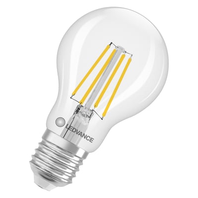 LEDVANCE dæmpbar LED-standardpære med klare glas, synlige filamenter og E27-sokkel, 470 lm og 3000 K.