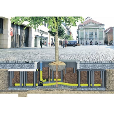 Illustrations viser et GreenMax karm/rist til rodvanding monteret i byen, med jord, rør og et træ.