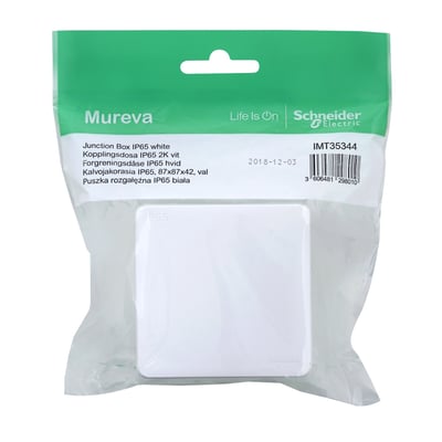 Hvid Mureva forgreningsdåse IP65 fra Schneider Electric i plastemballage, mål 87x87x42 mm.