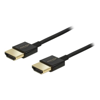 Sort Delock High Speed HDMI-kabel med Ethernet, 3 meter, og to HDMI-A-hanstik med guldfarvede stik.