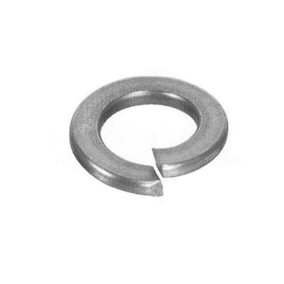 Fjederskive DIN 127B i syrefast A4 til M10-bolt, set skråt med den åbne, spiralformede ring tydelig.