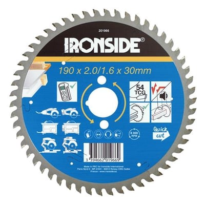 Ironside rundsavklinge til aluminium med 54 tænder, vist forfra med blå og sort produktmærkat.
