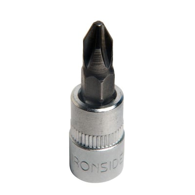 Ironside skruetrækkertop PH2 med 1/4-tommers firkant og 37 mm længde, vist stående med kærven øverst.