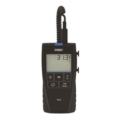 Kimo TR61 præcisionstermometer med PT100 probe-tilslutning og digitalt display viser 31.3 grader Celsius.