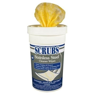 Nærbillede af Scrubs Stainless Steel Cleaner Wipes spand, der viser produktets label og en enkelt gul serviet trukket op.