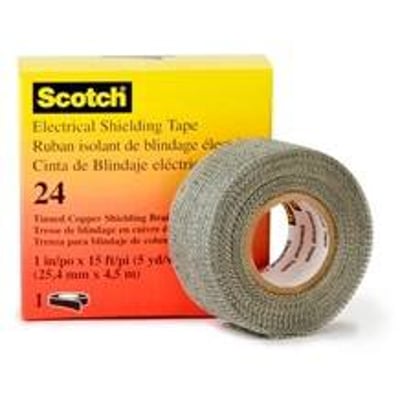 Scotch 24 fortinnet kobbernet tape til elektrisk afskærmning, 25 mm bred og 4,5 meter lang, præsenteret på en rulle ved siden af sin gule og orange æske.