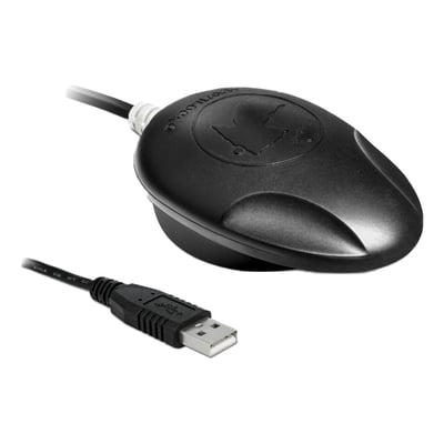 Sort DeLock Navilock NL-8012U multi-GNSS-modtager med kabel og USB-A-stik, set skråt ovenfra.