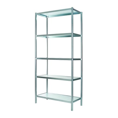 Raaco værkstedsreol i galvaniseret stål, 340x920x2000 mm, med 5 hylder vist fra en let skrå vinkel.
