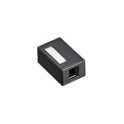 Sort Leviton Office box til én Keystone-konnektor, set skråt forfra med åbning til port og vindue til label.