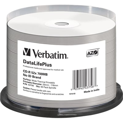 Verbatim CD-R 52x med 700 MB kapacitet på spindel med hvide, termisk printbare skiver.