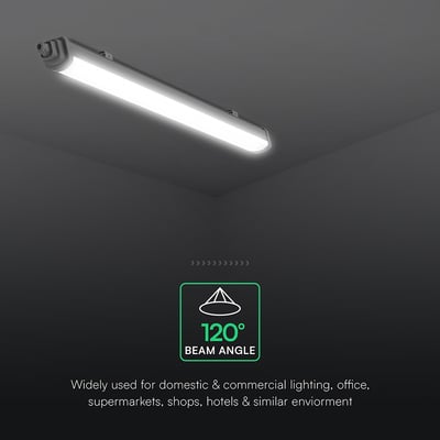 V-TAC komplet LED-armatur på 150 cm og 48 W monteret i loftet med grafik, der viser en spredningsvinkel på 120°.